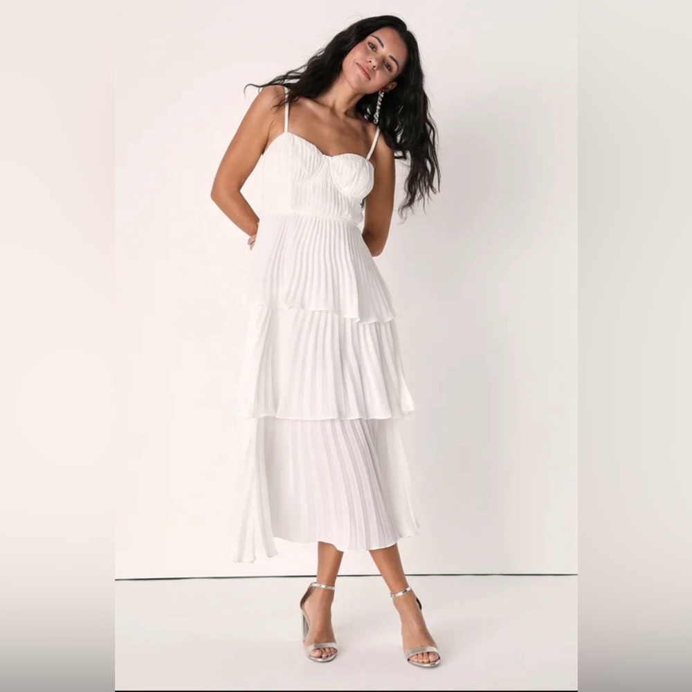 Lulus Cascading Crush White Tiered Bustier Midi Dress